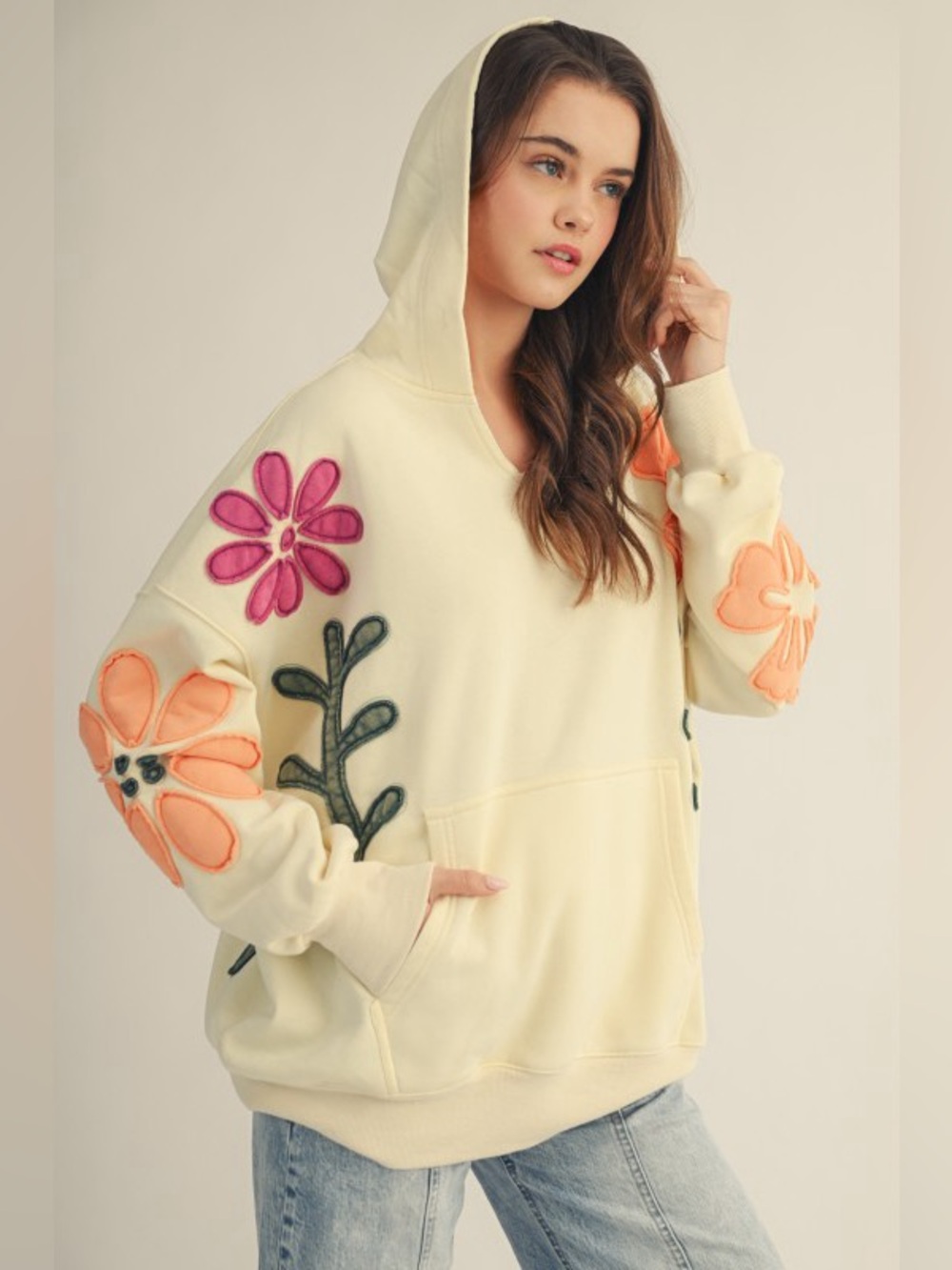 Ivory cream floral western bohemian boho embroidered Henley hoodie sweatshirt